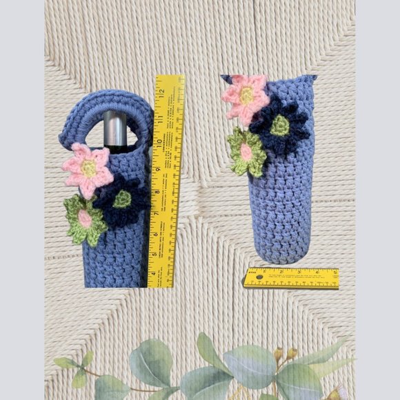 Wine Tote Wine Bag Cornflower Blue With Pink, Green, Dark Blue Flowers - Picture 3 of 3